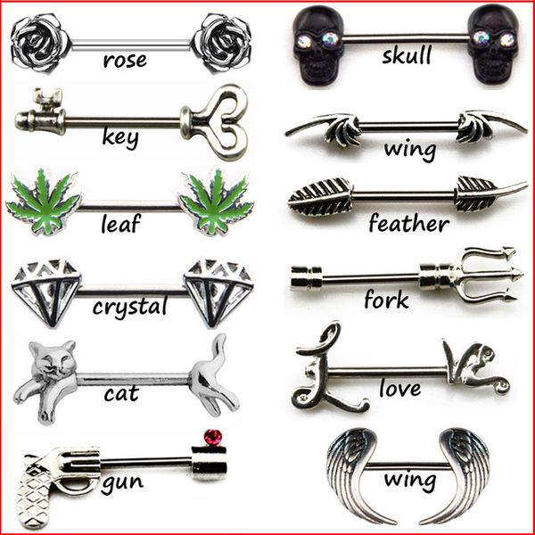 Verschiedene Stile, Schraubnippel, Zungenschild-Ring, Langhantel-Nippelpiercing, stilvoller Engelsflügel, Blume, Katze, perforierter Stab