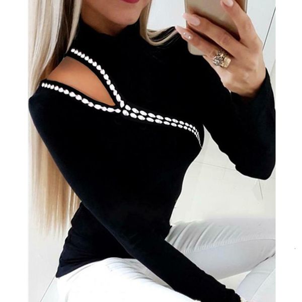 

new fashion autumn sequins women's slim shirt high neck hollow long-sleeved casual t-shirt basic winter t shirts, White