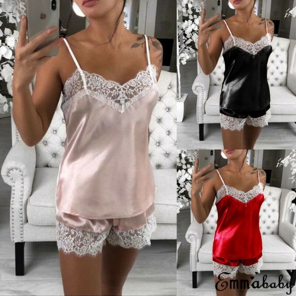 

2020 new women vest satin loose lace sleepwear babydoll lingerie nightwear shorts pjs pyjamas set underwear mini, Black;white