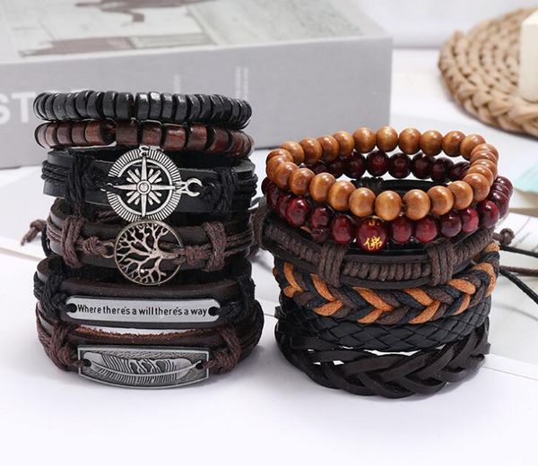 Mann Hiphop Lederarmband Antike Legierung Weben Rindsleder Wachsfaden PU Holzperle Kokosnussschale Ruderarmband Mix 12 Stück/Set