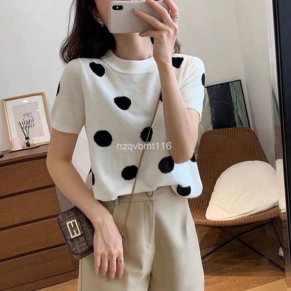 

women's t-shirt summer icic's hebo dot round lapel pullover knit temperament short sleeved t-shirt bottomed shirt, White