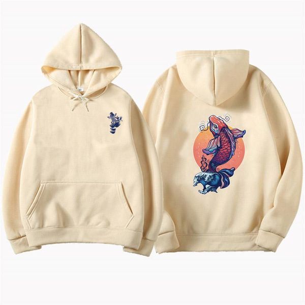 

men's hoodies & sweatshirts japanese ukiyo-e tattoo carp print pullover harajuku casual hooded hip hop fashion streetwear, Black