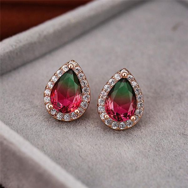 

stud cute red green zircon stone earrings for women fashion wedding jewelry vintage rose gold rainbow teardrop, Golden;silver