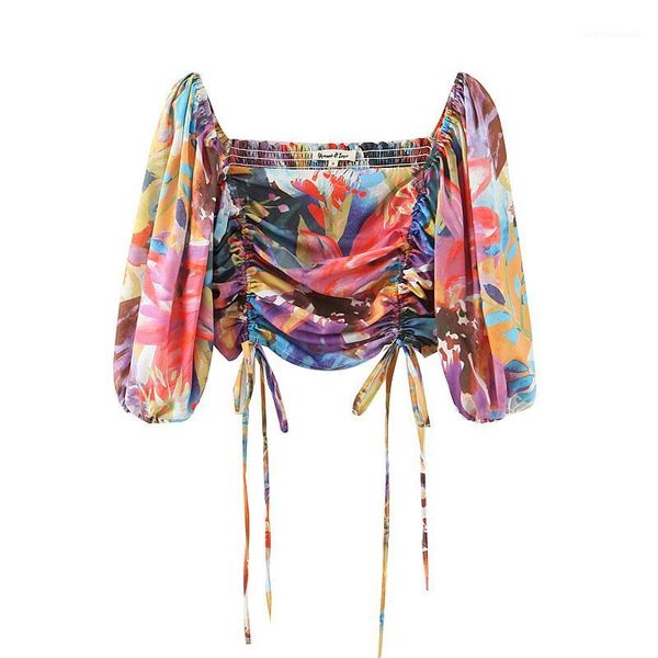 

women's blouses & shirts retro oil painting drawstring lamp floor sleeve short section tube fashion, White