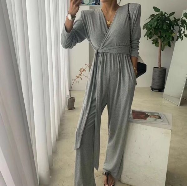 

k2831 south korea new style super comfortable drape high waist and korean pants new pants slim strapping v-neck straight tube casual cotton, Gray