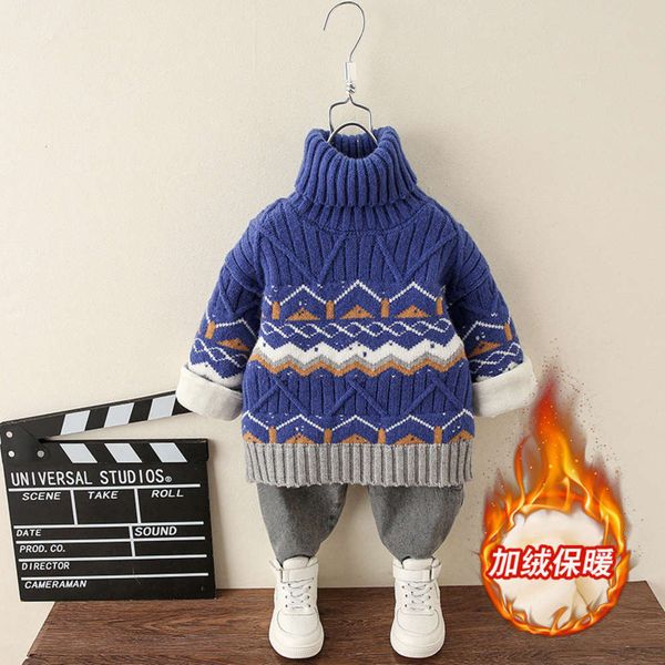 

children's boys' sweater plush turtleneck and thickened t-shirt bre1, Blue