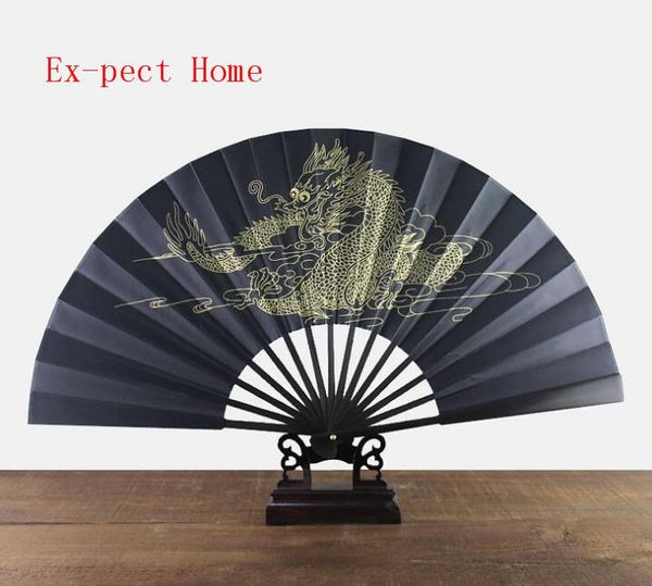 

20pcs large gold dragon vintage silk hand fan man black chinese folding fan traditional crafts bamboo ethnic