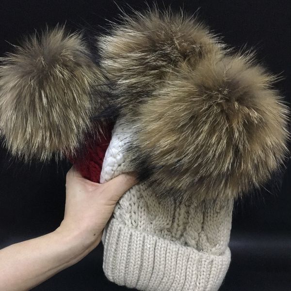 

women's hats add velvet fleece inside beanies winter hats for women 100% raccoon fur pompom hat female twist pattern caps 201012, Blue;gray