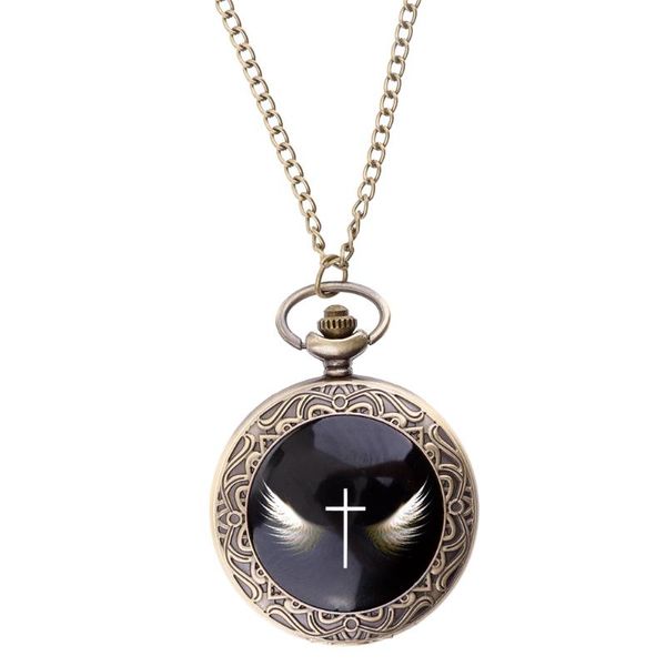 

vintage quartz pocket watches angel cross pendant necklace with chain 36cm 80cm, Silver