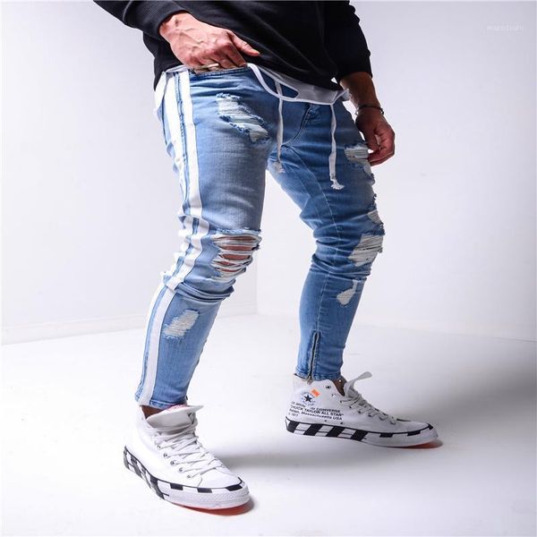 

ripped jeans men skinny biker side striped jeans destroyed hole hip hop slim fit man scratched elastic s-4xl1, Blue