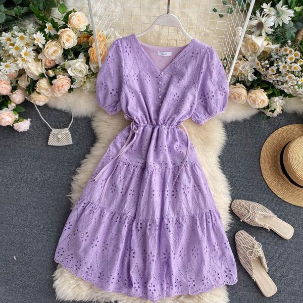 

casual dresses zcwxm hollow holiday dress women summer v neck puff sleeves a line elastic robe button streetwear purple midi bohemian dress1, Black;gray