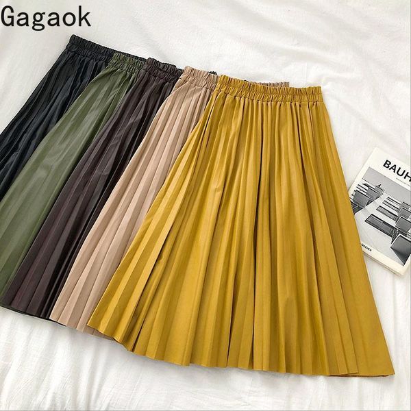 

gagaok women streetwear pu skirt spring autumn new solid knee-length empire pleated loose wild chic female fashion skirts1, Black