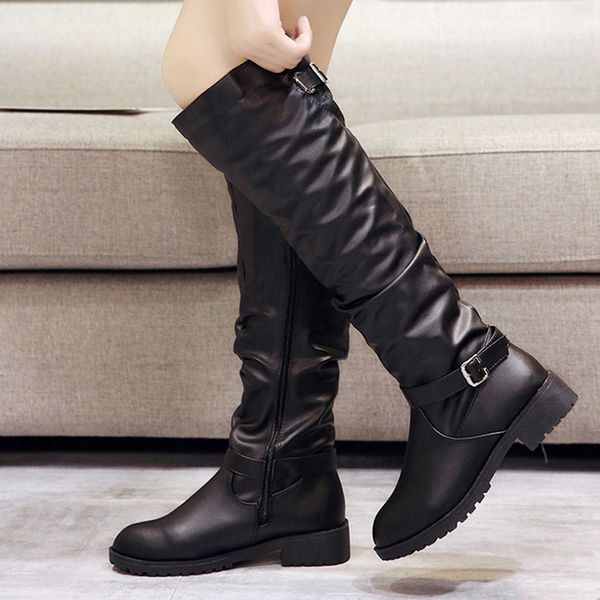 

women's boots winter and autumn genuine pu women zipper square heel solid color high boots knee-high shoes round toe, Black