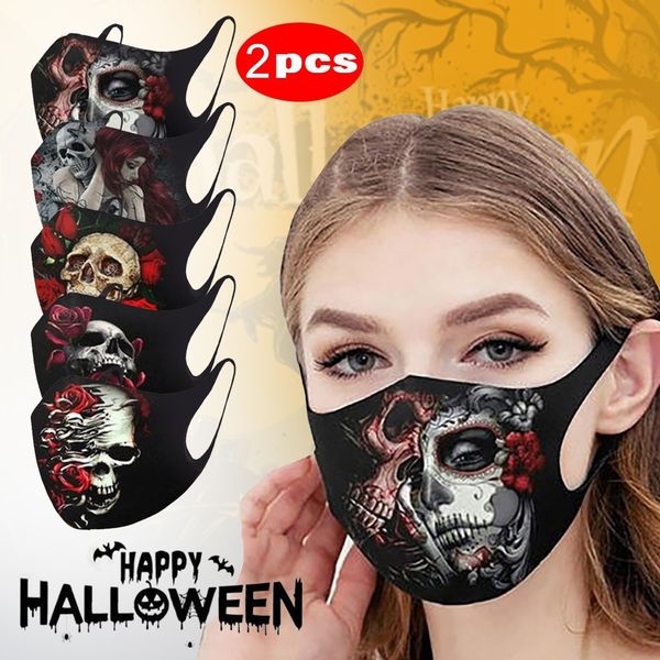 

2pc 3d design black mascarillas rosas skull print spoof face breathable soft cycling washable reusable mask