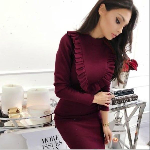 

women vintage ruffled sheath party dress long sleeve o neck solid elegant casual mini dress 2021 winter new women dress, Black;gray