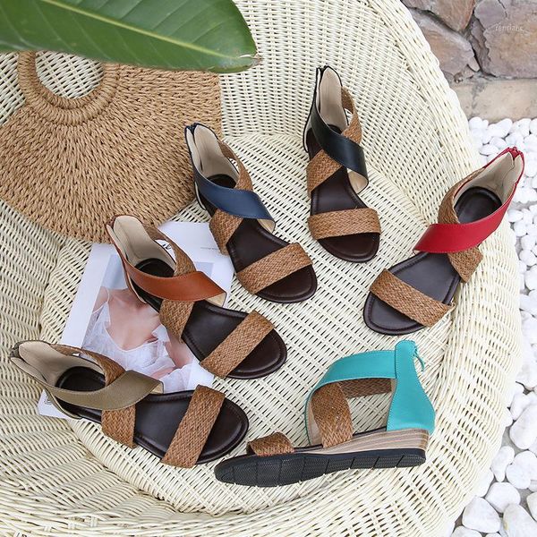 

dress shoes summer retro roman symphony pumps womens wedge heels woven with heel ladies ethnic wind sandals leisure1, Black