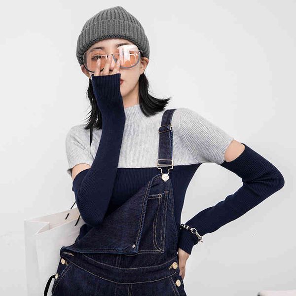

women's knits & tees tuogu chao brand women's clothing autumn slim fit color matching careful machine cutting versatile high neck, White