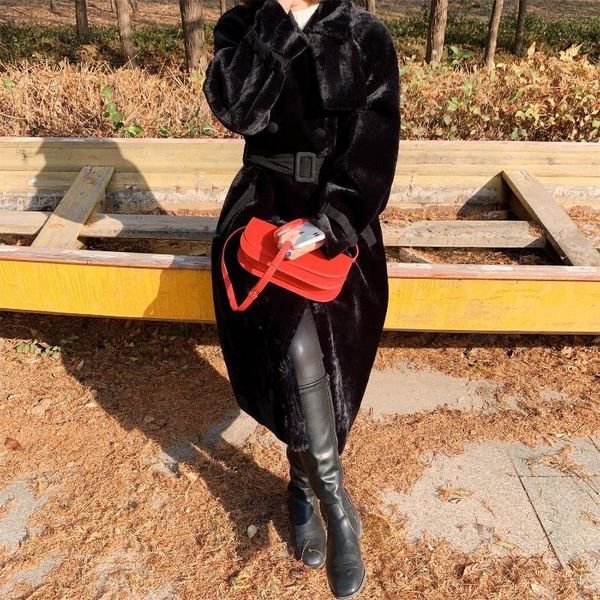 

women's wool & blends dongdamen clothing 2021 winter fashion long lapel lace up waist woolen overcoat, Black