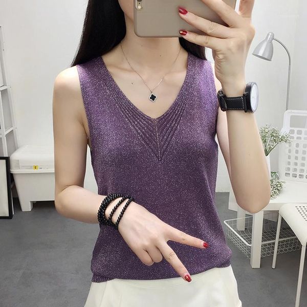 

hollow out v-neck knitted tank women clothes 2020 fashion summer tees bright silk womens sleeveless vest vetement femme1, White