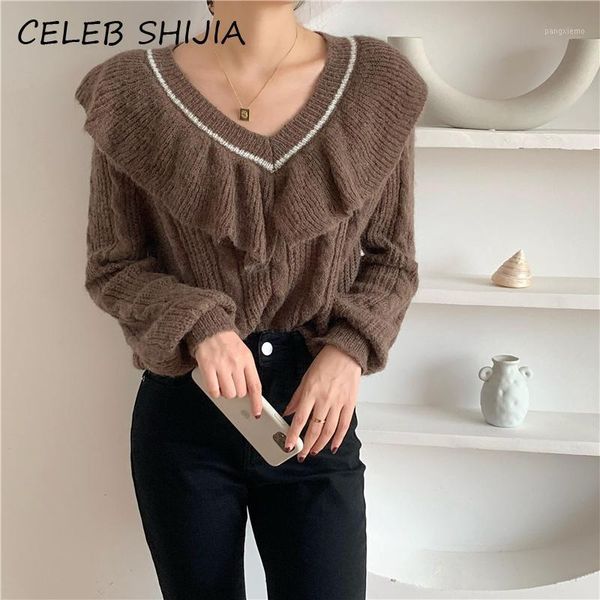 

shijia new v-neck ruffles knitted sweater woman autumn full-sleeve chic korean brown knit pullover female winter 20201, White;black