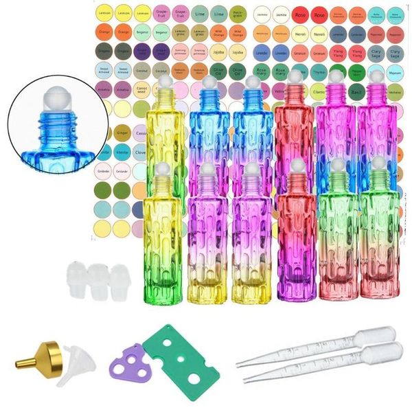 Bottiglie di imballaggio Confezione da 12/24 Confezione da 12 ml Rullo di vetro Olio essenziale di colore sfumato con sfera 2 Imbuto contagocce 3 Sfera extra1