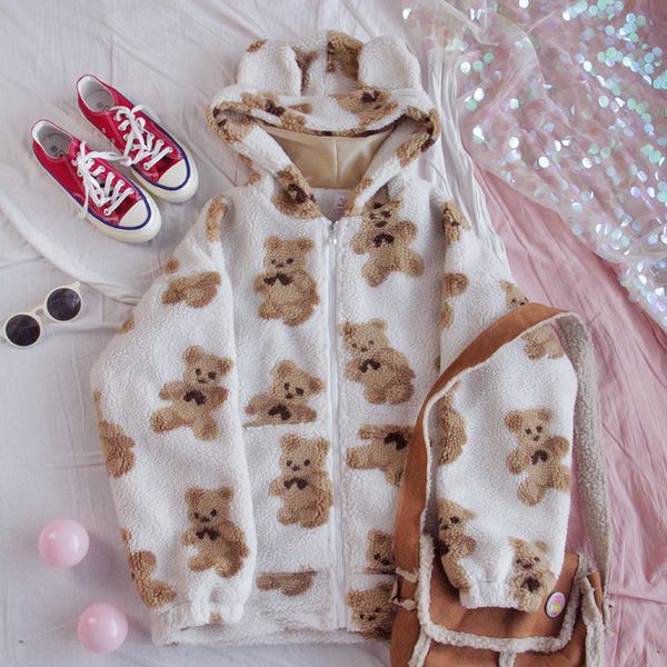 HWLZLTZHT Soft Sister Small Fresh Cute Bear Giacca Kawaii Cappotto allentato Manica lunga Inverno Studente Giacca stile college giapponese 201029