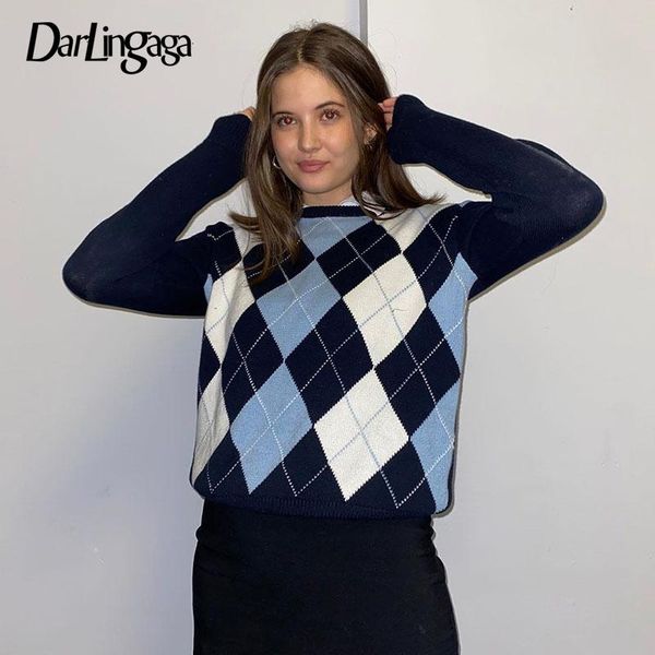 

darlingaga casual argyle плед осень зима свитер y2k женский пуловер с длинным рукавом топы обрезанные колледжа стиль вязаные свитера, White;black