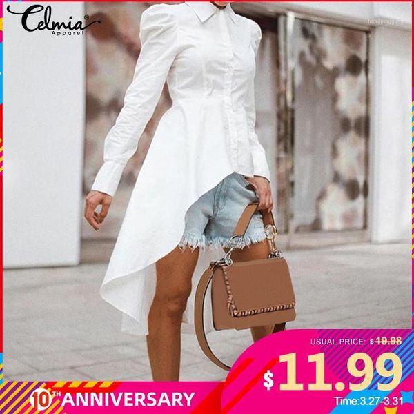 

women's shirts fashion blouse tunic celmia 2020 spring lapel long sleeve asymmetrical casual solid party blusas mujer 5xl1, White