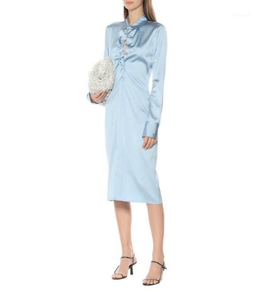 

2020 turn-down collar full sleeves drawstring high waist slim single breasted blue color satin shirt dress u3291, Black;gray