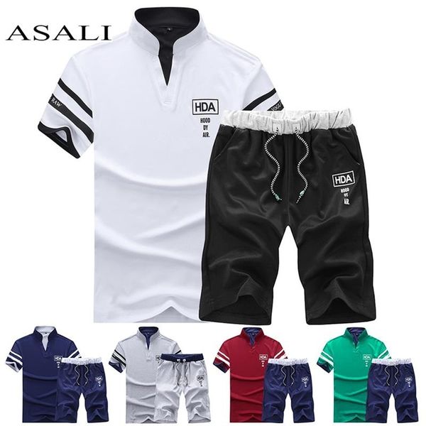 

summer short sets men casual suits sportswear tracksuit stand collar male outwear sweatshirts hoodies patchwork t shirt +pants, Gray