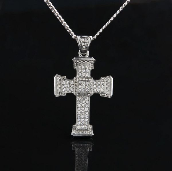 

full diamond cross pendant necklace mens gold cuban link chain necklaces iced out pendant hip hop jewelry, Silver