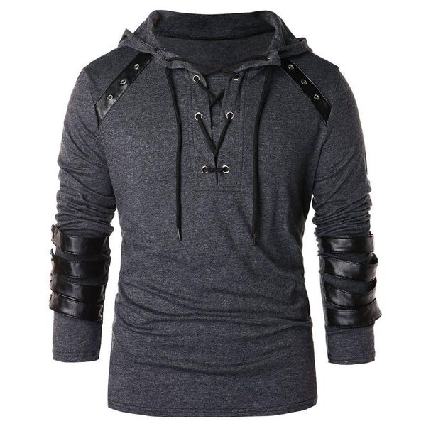 

men hoodie plus size punk pu leather long sleeve lace up black blue streetwear gothic casual hooded sweatshirt 2020 spring