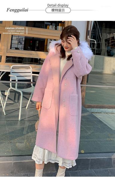 

women's fur & faux coat winter jacket women fake collar cashmere wool blends long outerwear ladies streetwear1, Black