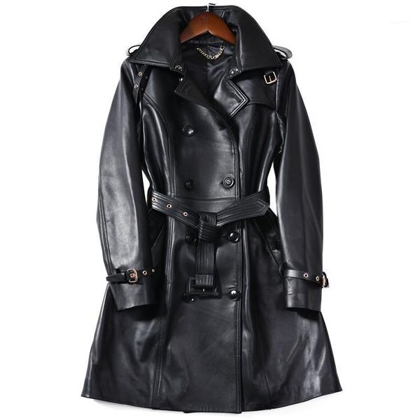 

genuine leather jacket women spring autumn sheepskin long coat soft slim natural leather windbreaker1, Black
