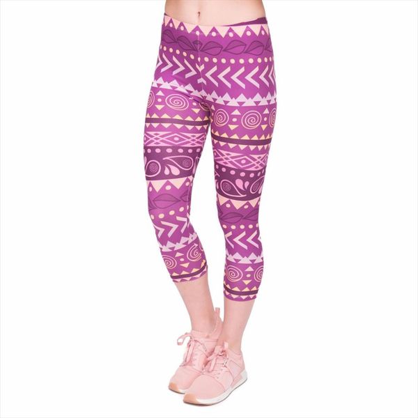 

summer fashion women capri leggings boho purple printing mid leg 3 4 fitness movement leggins woman capri pants, Black