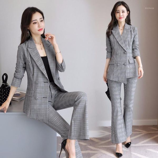 

fashion spring and autumn new leisure lady elegant retro lattice suits + flared trousers / two pieces / sets al1, White
