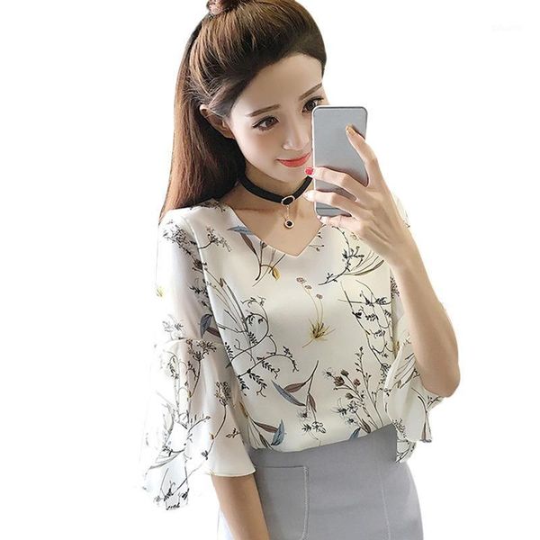 

women's clothes ladies print crop v neck half flare sleeve floral print blouse -3xl1, White