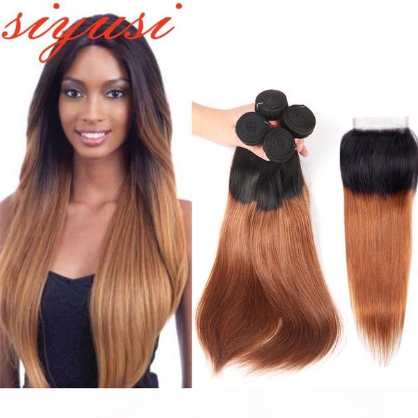 

peruvian ombre hair bundles with closure straight 1b 27 1b 30 honey blonde bundles with closure human hair weave with lace closure, Black;brown