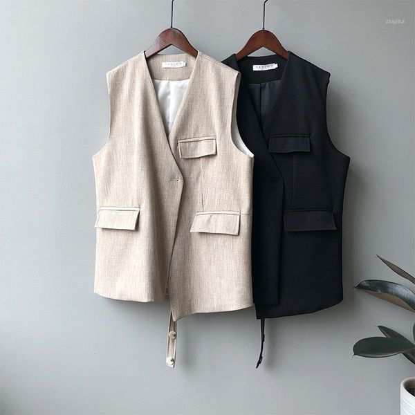 

2021 spring coat v-neck sleeveless cotton and linen vest for women chaleco mujer gilet casaco feminino1, Black;white