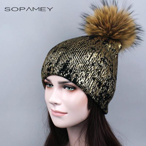 

beanie/skull caps bronzing gold and silver with real raccoon fur pompon hat for women winter knitting warm hats female skullies beanies, Blue;gray