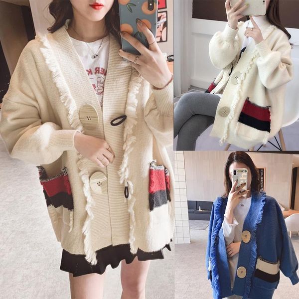 

women's knits & tees women long sleeves knitted cardigan sweater overcoat single-breasted tassel coat, White