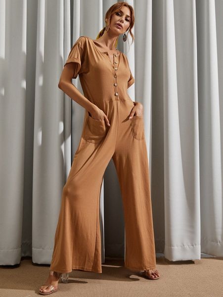 

luukse button front wide leg jumpsuit u9xg#, White