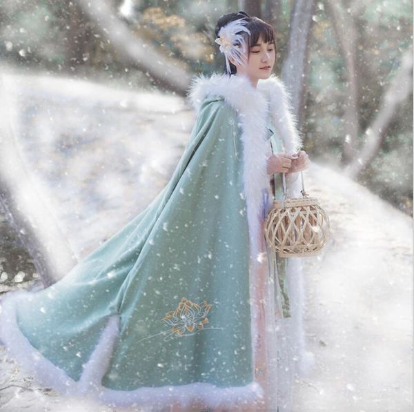 

scarves original chinese winter young lady thickened cloth plush large wool cotton warm collar ancient hooded cape retro vintage women, Blue;gray