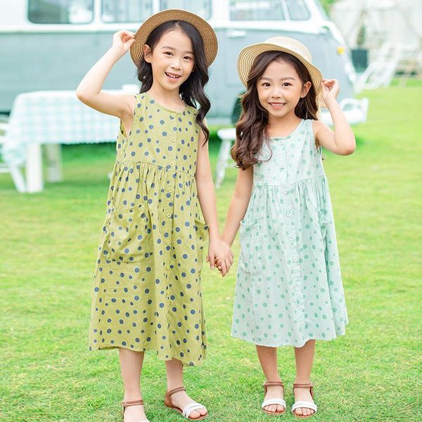 

girl dress new 2020 kids summer dress children dot teenage toddler sundress buttons leisure baby cute cotton,#55591, Red;yellow
