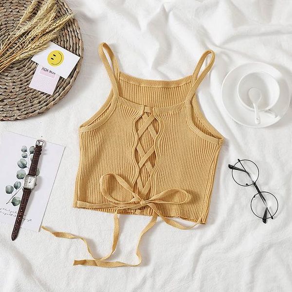 

women knit crop halter neck tank plain ruffle camisole summer 2020, Black;white