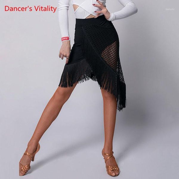 

latin dance competition clothes female temperament tassel skirt new profession performance practice clothing1, Black;red