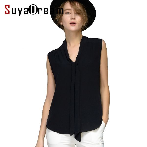 

women silk blouse 100% real silk blouse bow sleeveless solid shirt women chiffon blouse fall summer new y200622, White