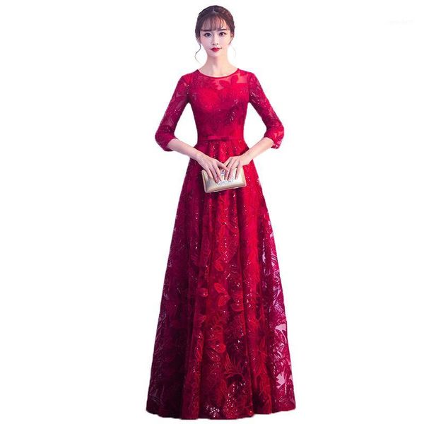 

ethnic clothing burgundy lace oriental style banquet dresses chinese vintage wedding cheongsam elegant long evening party gownssize xs - xxx, Red