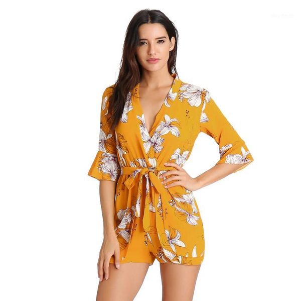 

summer women's jumpsuit playsuits v-neck bow tie florals ladies summer shorts playsuits holiday floral print romper women1, Black;white