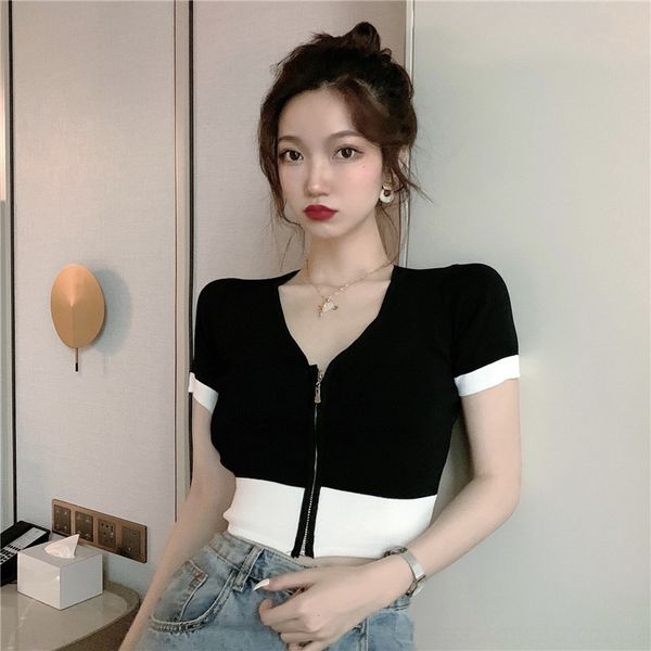 

2020 summer new v-neck t- short sleeve slim short bottoming shirt zipper cardigan knitted t-shirt for women cx5ka, White;black